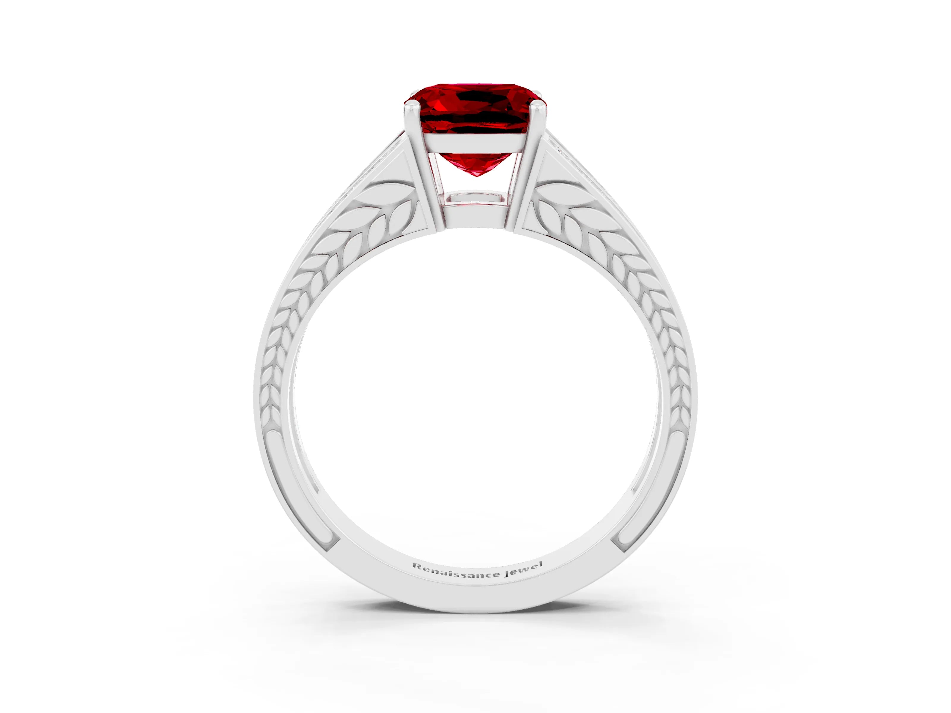 White gold Cushion Cut Ruby Split Shank Ring with Pavé Band and Four-Prong Setting_3