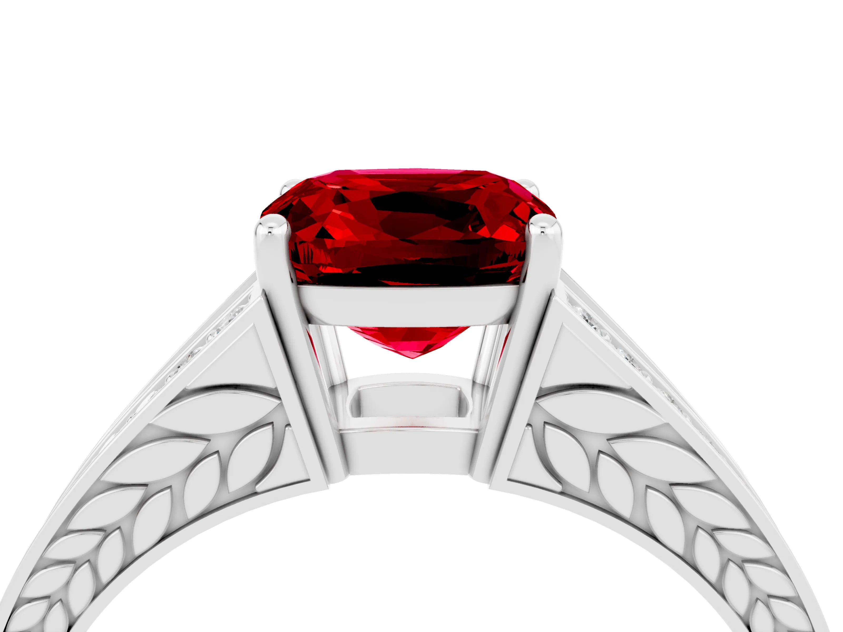 White gold Cushion Cut Ruby Split Shank Ring with Pavé Band and Four-Prong Setting_4