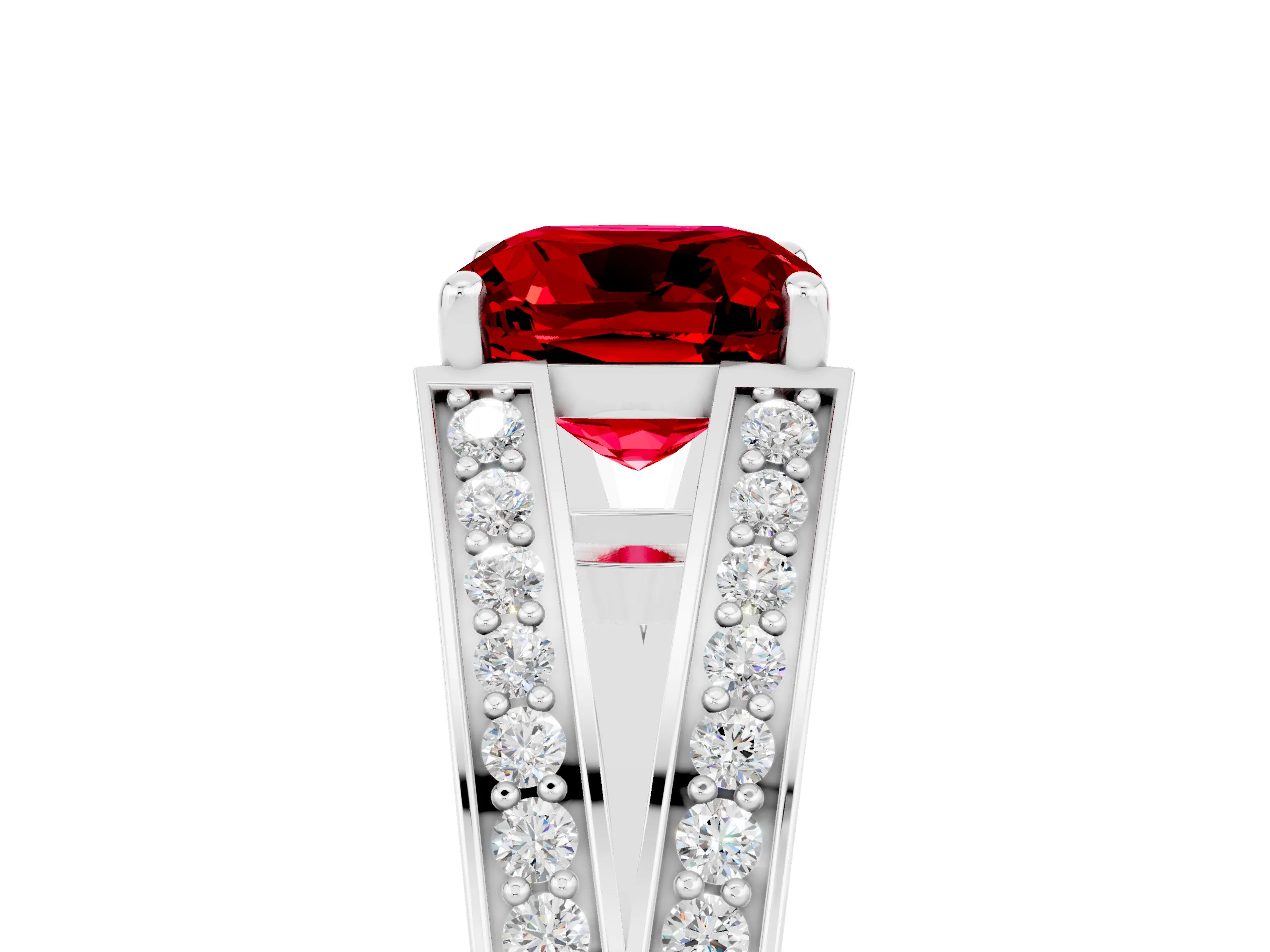 White gold Cushion Cut Ruby Split Shank Ring with Pavé Band and Four-Prong Setting_5
