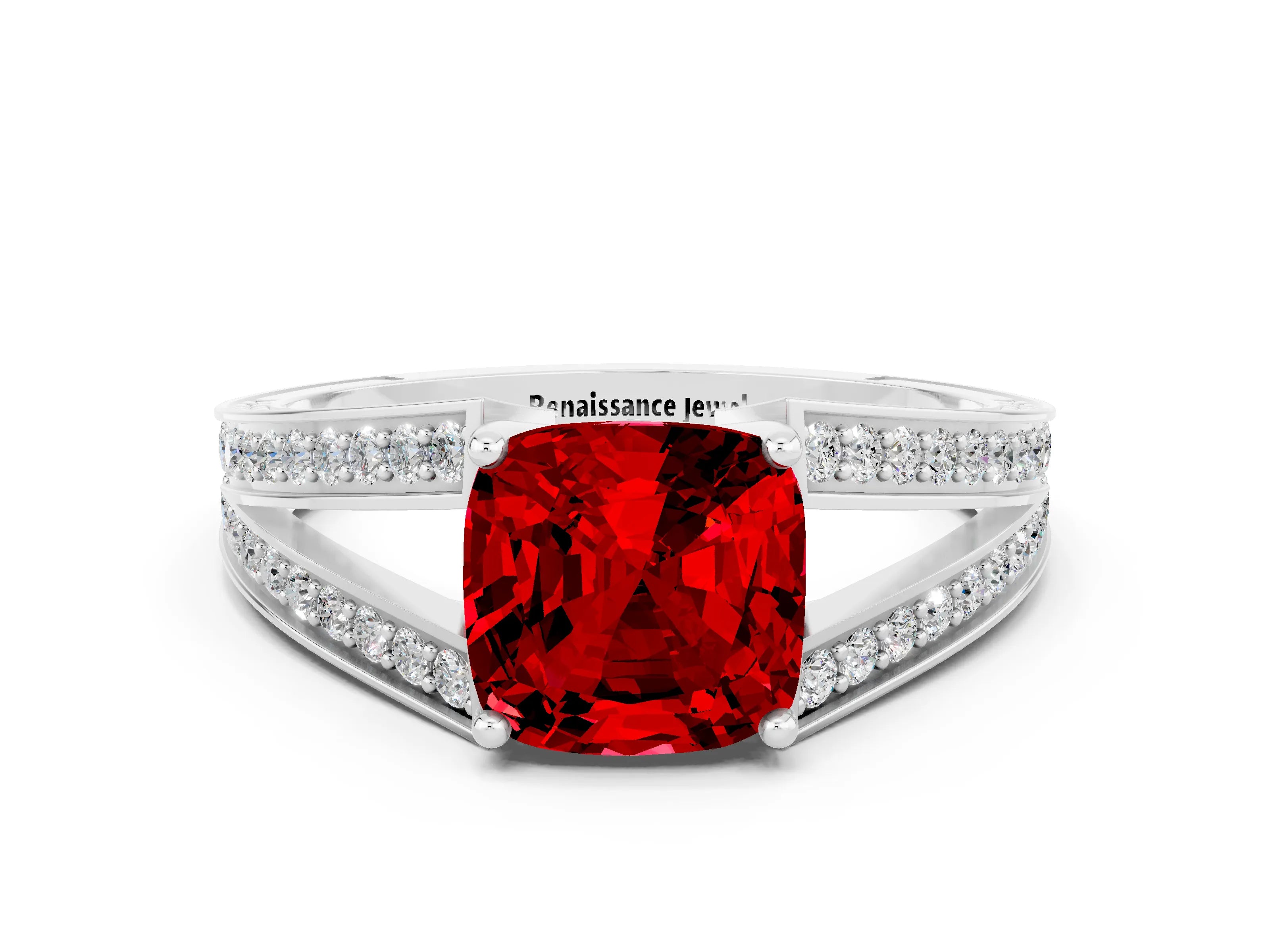 White gold Cushion Cut Ruby Split Shank Ring with Pavé Band and Four-Prong Setting