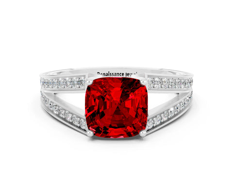 White gold Cushion Cut Ruby Split Shank Ring with Pavé Band and Four-Prong Setting