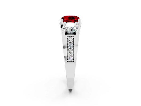 Platinum Cushion Cut Ruby Three-Stone Ring with Channel Set Band and Four-Prong Setting