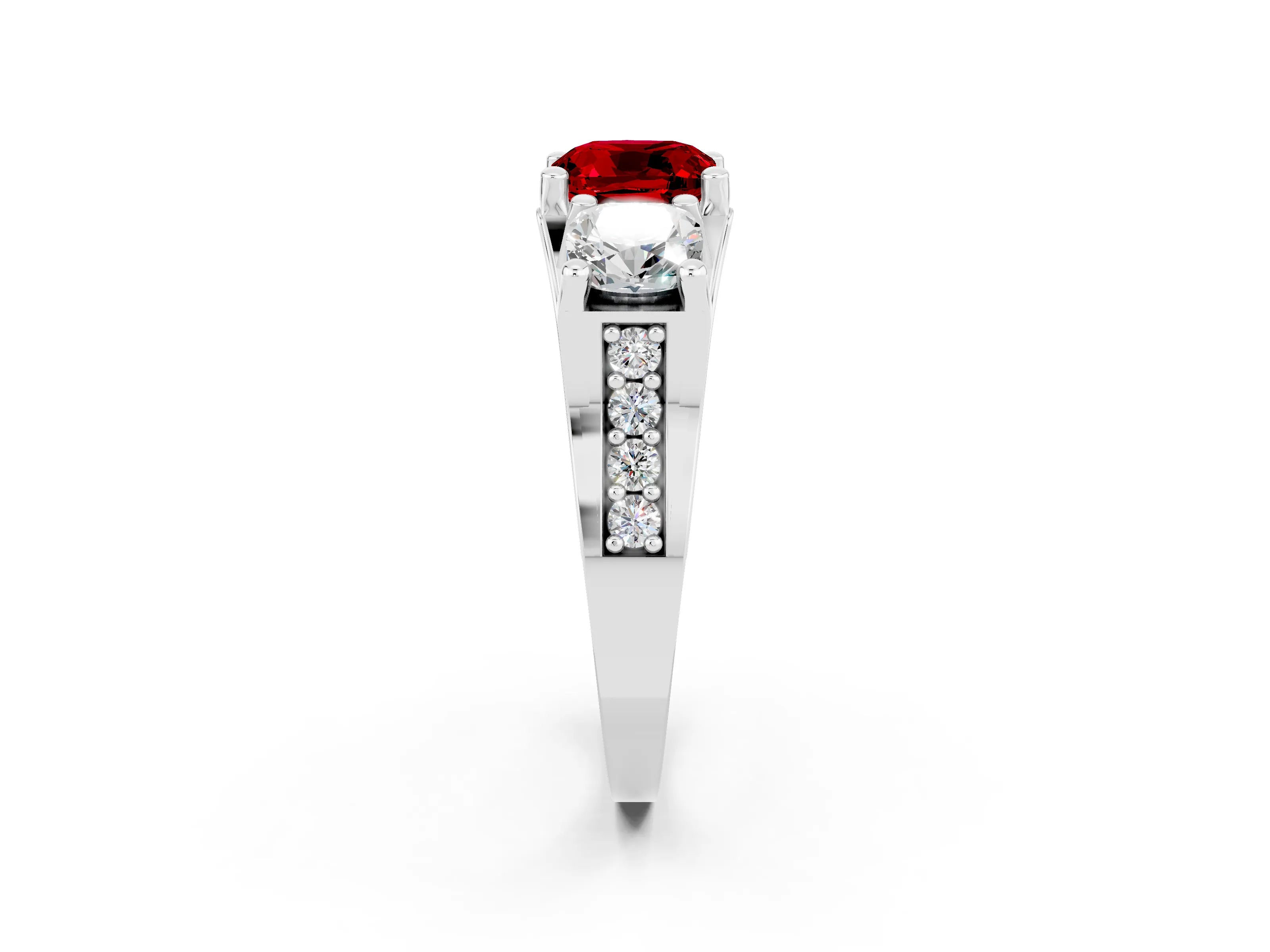 White gold Cushion Cut Ruby Three-Stone Ring with Channel Set Band and Four-Prong Setting_2