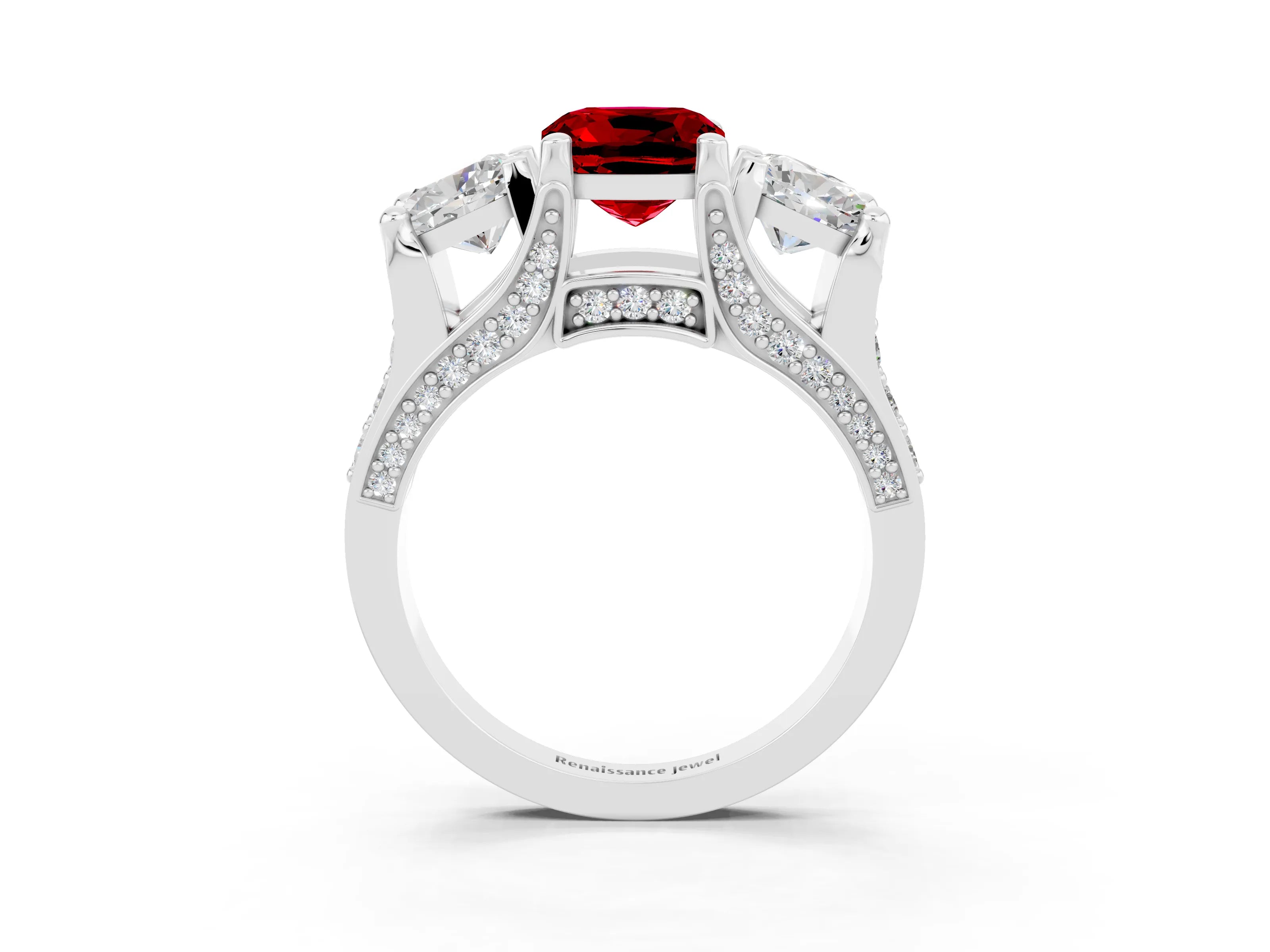 White gold Cushion Cut Ruby Three-Stone Ring with Channel Set Band and Four-Prong Setting_3