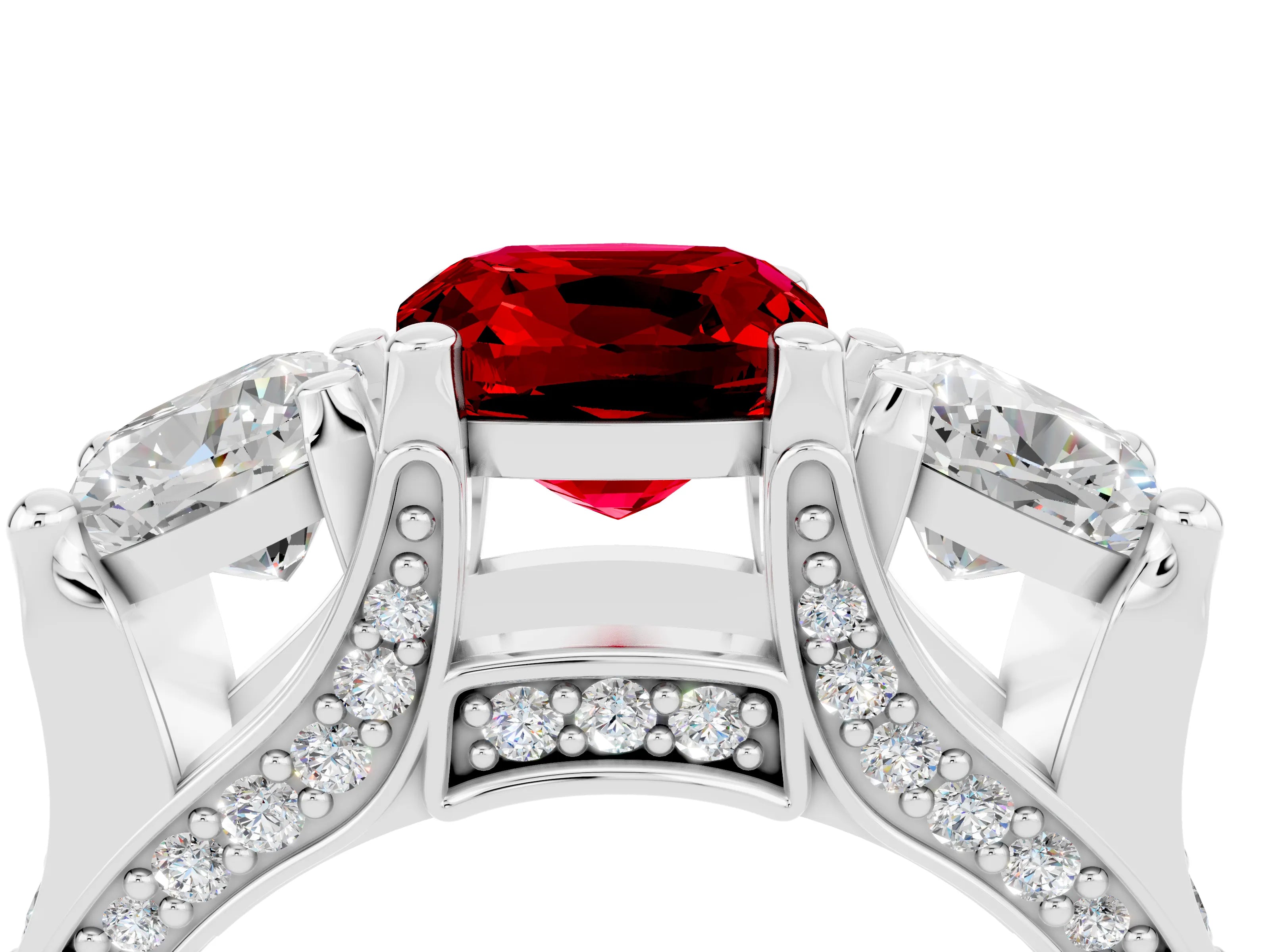 White gold Cushion Cut Ruby Three-Stone Ring with Channel Set Band and Four-Prong Setting_4
