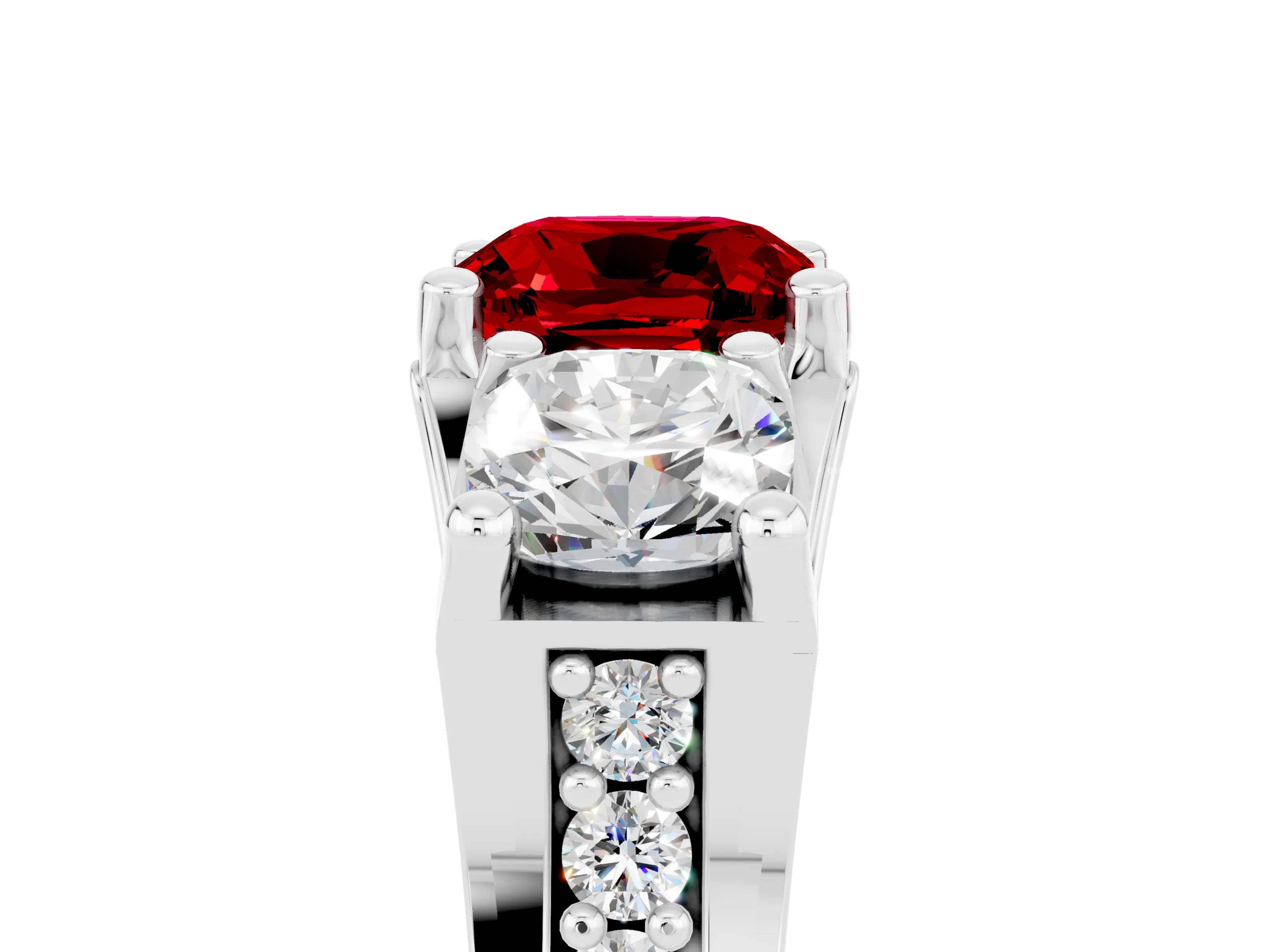 White gold Cushion Cut Ruby Three-Stone Ring with Channel Set Band and Four-Prong Setting_5