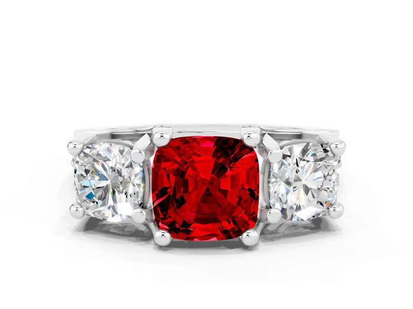 Silver Cushion Cut Ruby Three-Stone Ring with Channel Set Band and Four-Prong Setting