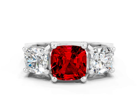 White gold Cushion Cut Ruby Three-Stone Ring with Channel Set Band and Four-Prong Setting
