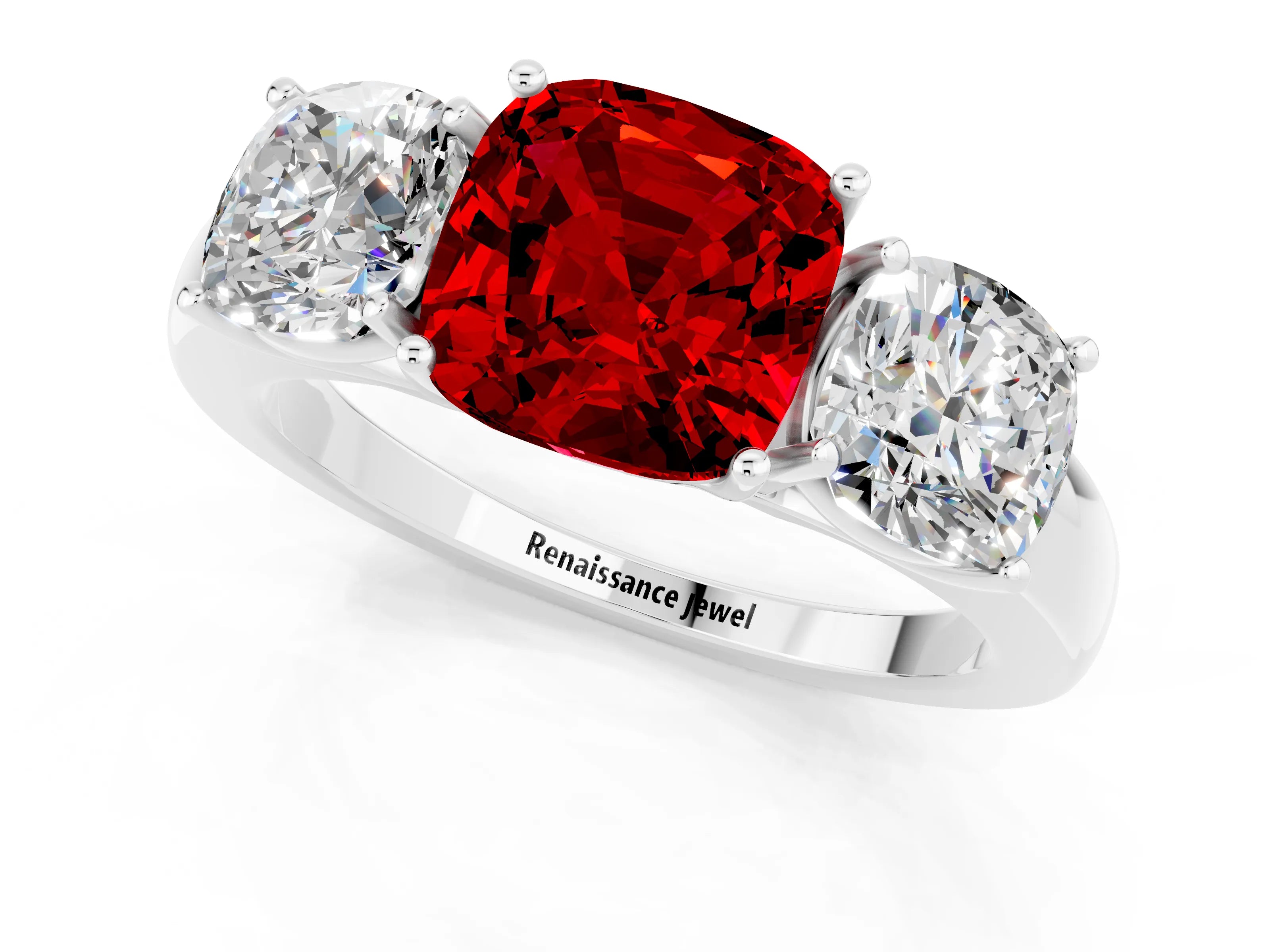 White gold Cushion Cut Ruby Three-Stone Ring with Four-Prong Setting and Classic Band_1