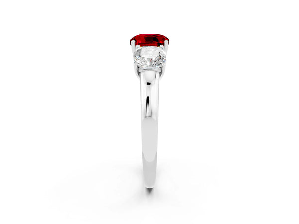 White gold Cushion Cut Ruby Three-Stone Ring with Four-Prong Setting and Classic Band