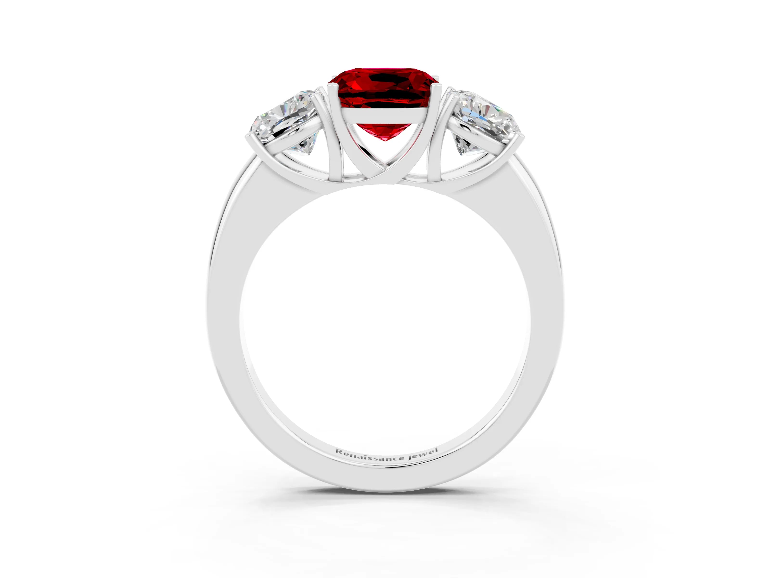 White gold Cushion Cut Ruby Three-Stone Ring with Four-Prong Setting and Classic Band_3