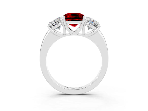 White gold Cushion Cut Ruby Three-Stone Ring with Four-Prong Setting and Classic Band