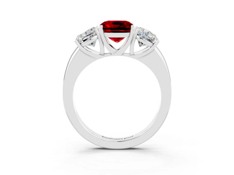 White gold Cushion Cut Ruby Three-Stone Ring with Four-Prong Setting and Classic Band_3