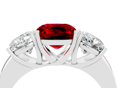 White gold Cushion Cut Ruby Three-Stone Ring with Four-Prong Setting and Classic Band_4