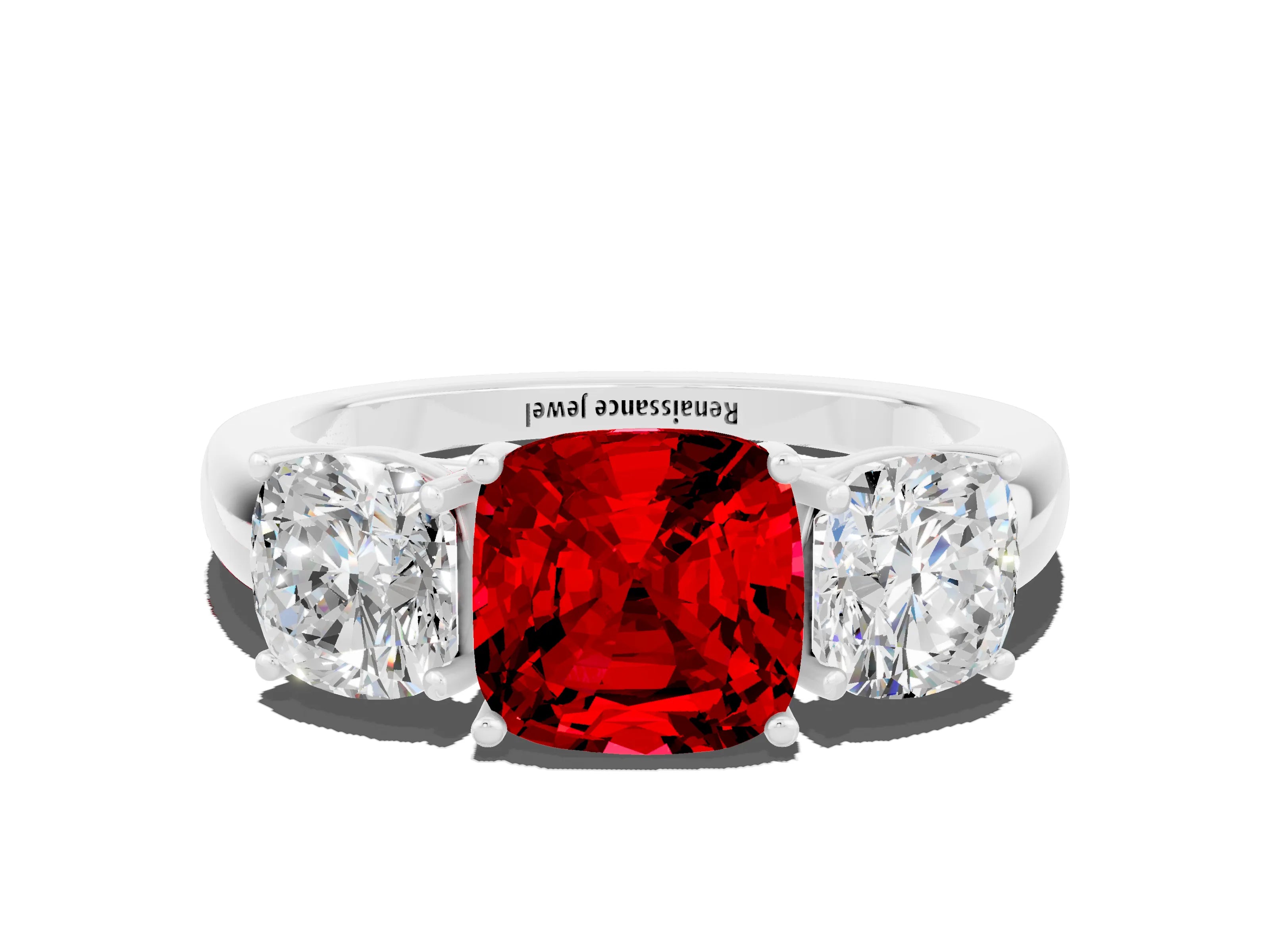White gold Cushion Cut Ruby Three-Stone Ring with Four-Prong Setting and Classic Band