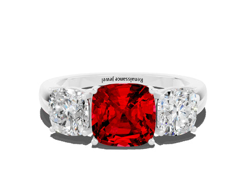 White gold Cushion Cut Ruby Three-Stone Ring with Four-Prong Setting and Classic Band