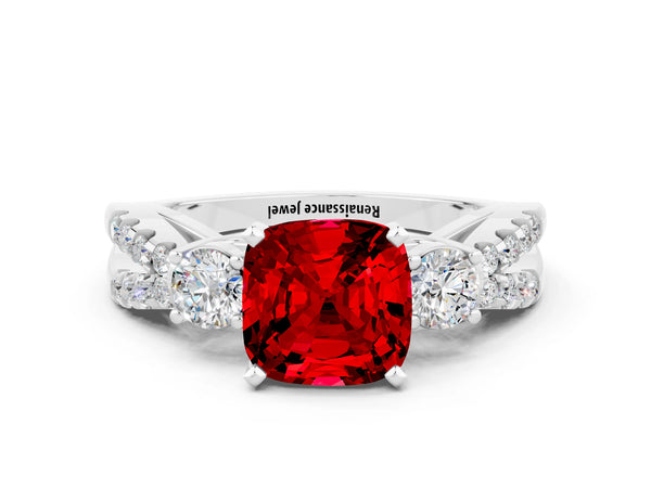 Silver Cushion Cut Ruby Three-Stone Ring with Pavé Split Shank and Four-Prong Setting