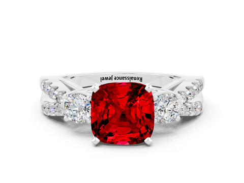 White gold Cushion Cut Ruby Three-Stone Ring with Pavé Split Shank and Four-Prong Setting_12
