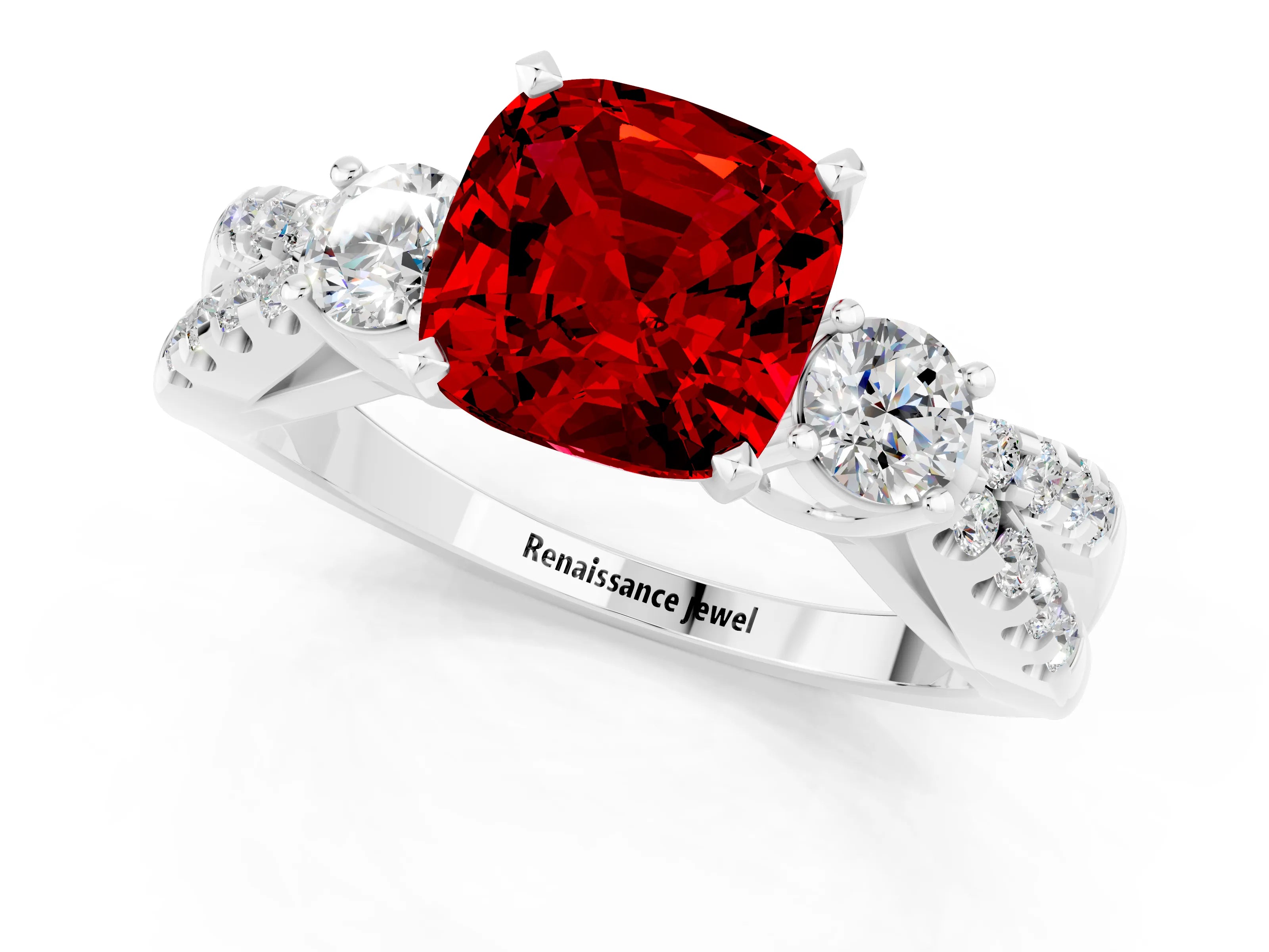 White gold Cushion Cut Ruby Three-Stone Ring with Pavé Split Shank and Four-Prong Setting_13