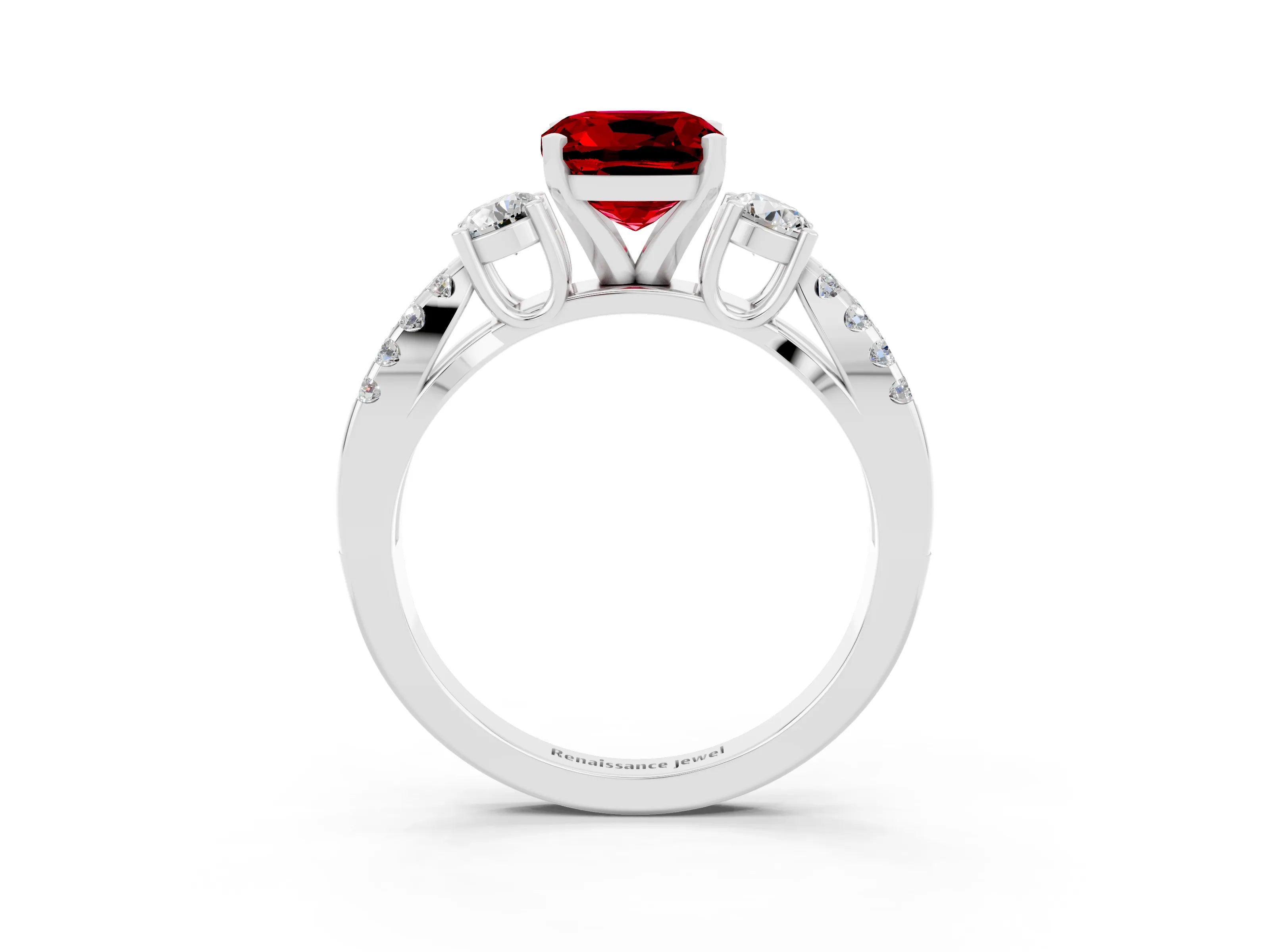 White gold Cushion Cut Ruby Three-Stone Ring with Pavé Split Shank and Four-Prong Setting_15