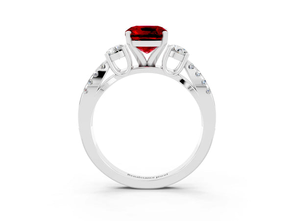Platinum Cushion Cut Ruby Three-Stone Ring with Pavé Split Shank and Four-Prong Setting