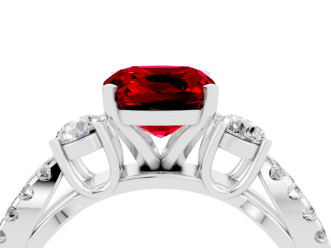 White gold Cushion Cut Ruby Three-Stone Ring with Pavé Split Shank and Four-Prong Setting_16