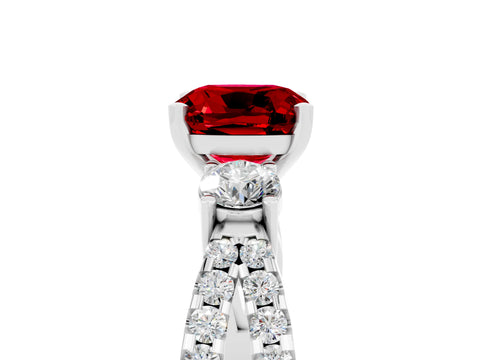 White gold Cushion Cut Ruby Three-Stone Ring with Pavé Split Shank and Four-Prong Setting_17