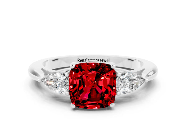 Silver Cushion Cut Ruby Three-Stone Ring with Pear  Side Stones and Prong Setting