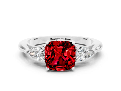 White gold Cushion Cut Ruby Three-Stone Ring with Pear Side Stones and Four-Prong Setting_12
