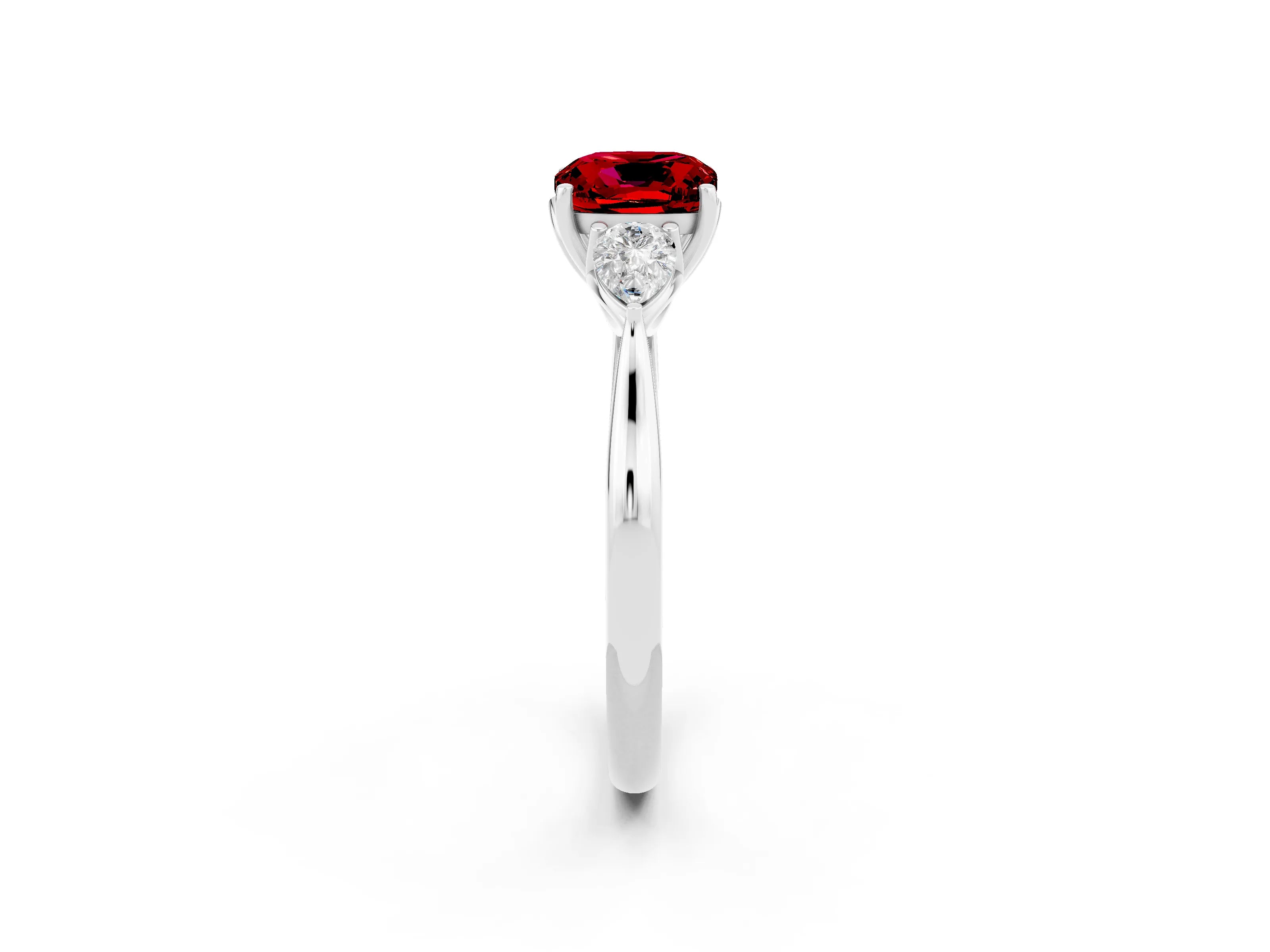 White gold Cushion Cut Ruby Three-Stone Ring with Pear Side Stones and Four-Prong Setting_14