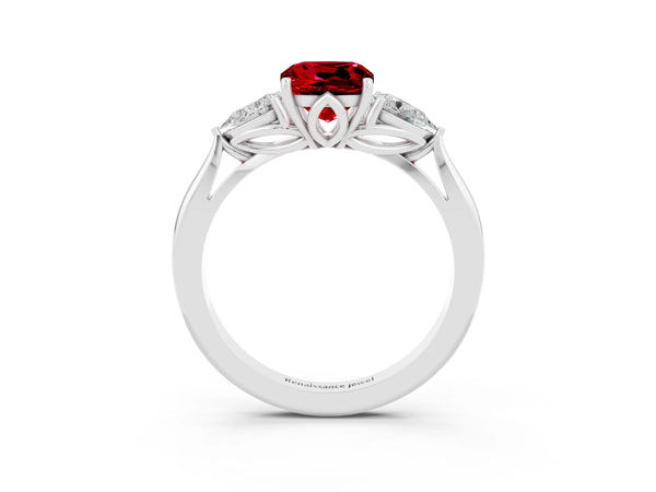 Silver Cushion Cut Ruby Three-Stone Ring with Pear  Side Stones and Prong Setting