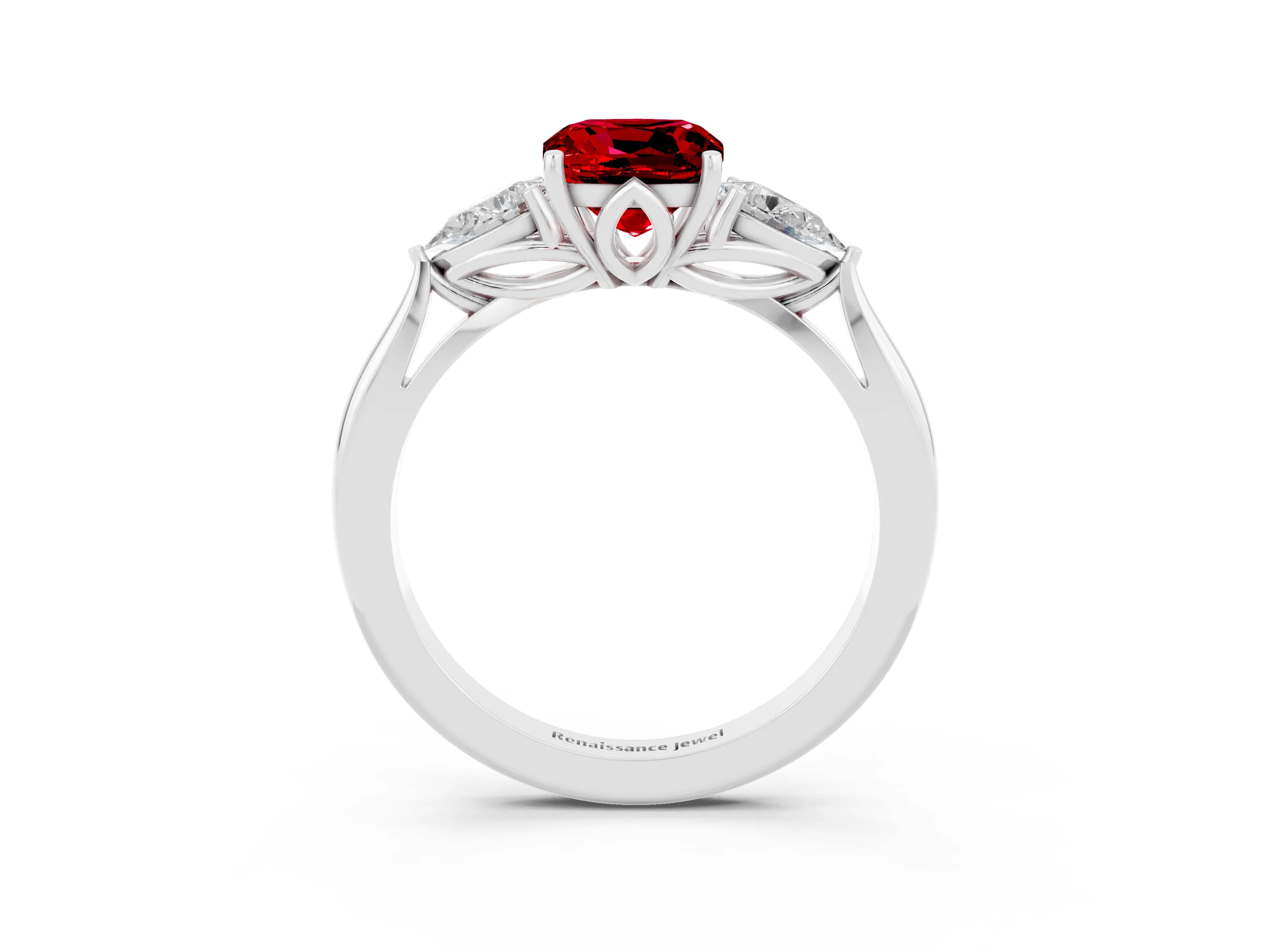 White gold Cushion Cut Ruby Three-Stone Ring with Pear Side Stones and Four-Prong Setting_15