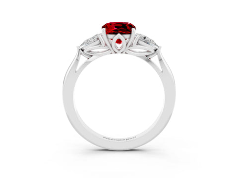 White gold Cushion Cut Ruby Three-Stone Ring with Pear Side Stones and Four-Prong Setting_15