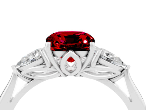 White gold Cushion Cut Ruby Three-Stone Ring with Pear Side Stones and Four-Prong Setting_16