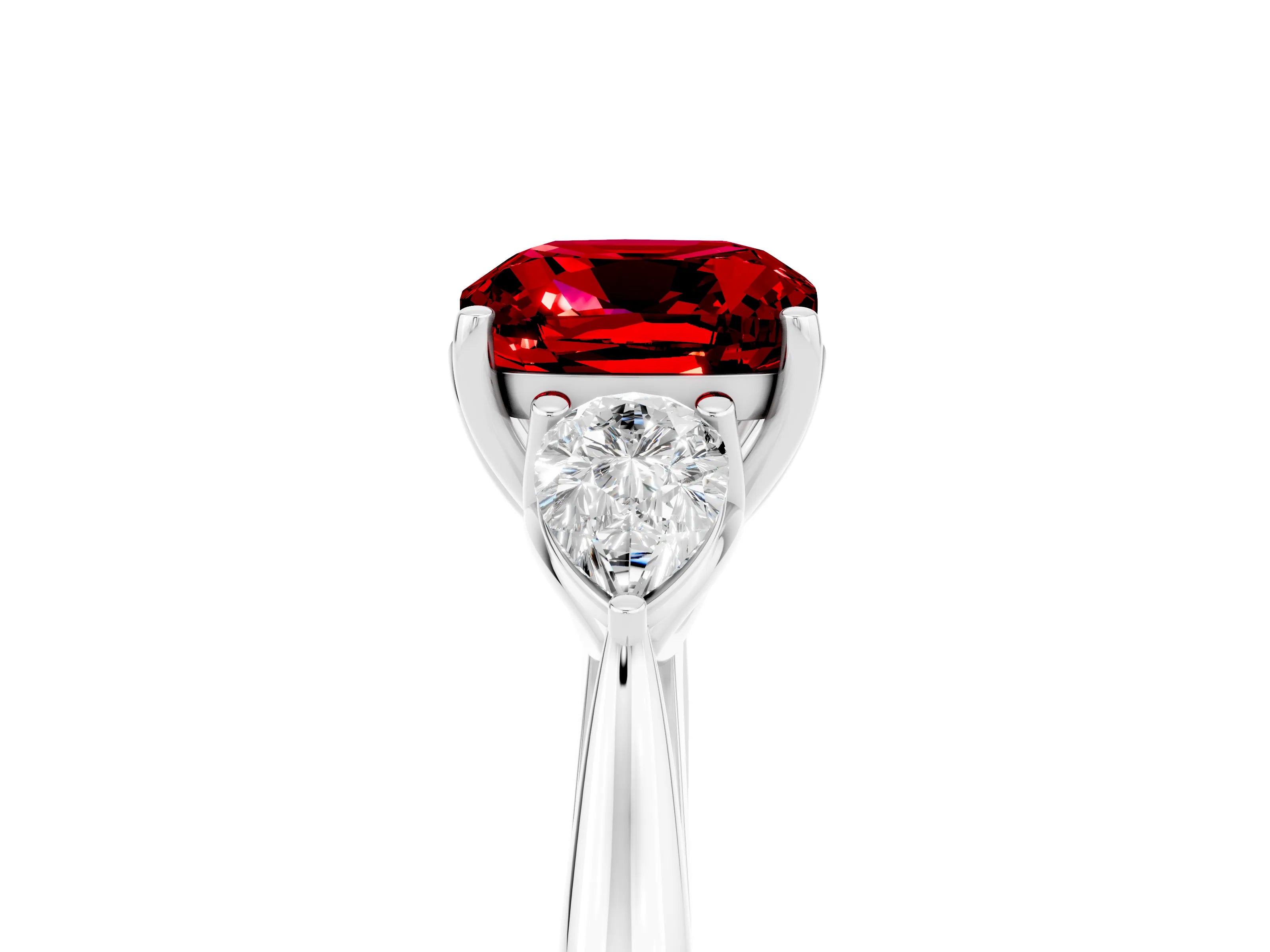 White gold Cushion Cut Ruby Three-Stone Ring with Pear Side Stones and Four-Prong Setting_17