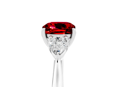 White gold Cushion Cut Ruby Three-Stone Ring with Pear Side Stones and Four-Prong Setting_17