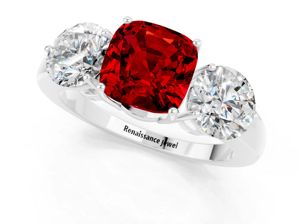 White gold Cushion Cut Ruby Three-Stone Ring with Prong Setting and Classic Band