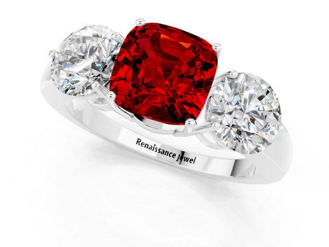 White gold Cushion Cut Ruby Three-Stone Ring with Prong Setting and Classic Band_1
