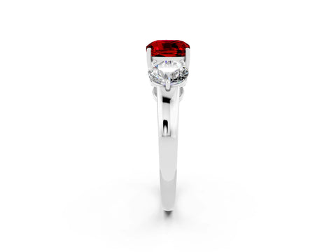 White gold Cushion Cut Ruby Three-Stone Ring with Prong Setting and Classic Band_2