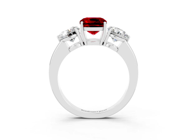 White gold Cushion Cut Ruby Three-Stone Ring with Prong Setting and Classic Band