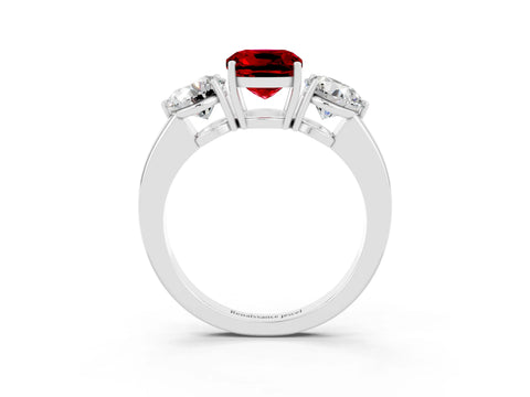 White gold Cushion Cut Ruby Three-Stone Ring with Prong Setting and Classic Band_3