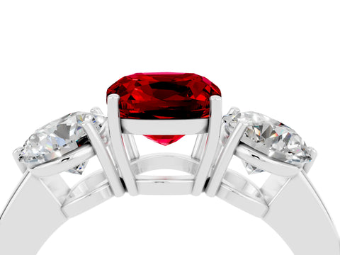 White gold Cushion Cut Ruby Three-Stone Ring with Prong Setting and Classic Band_4