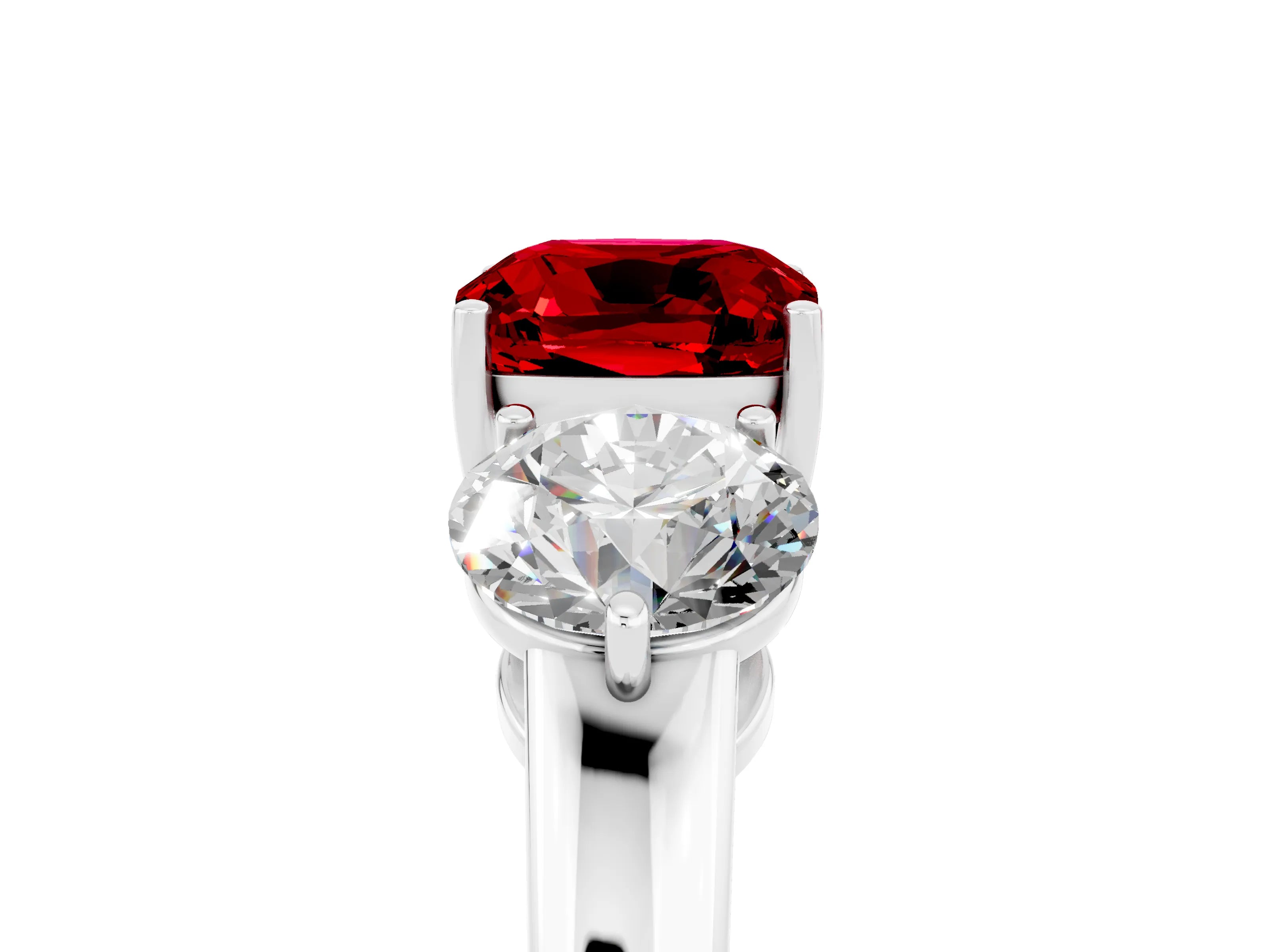 White gold Cushion Cut Ruby Three-Stone Ring with Prong Setting and Classic Band_5