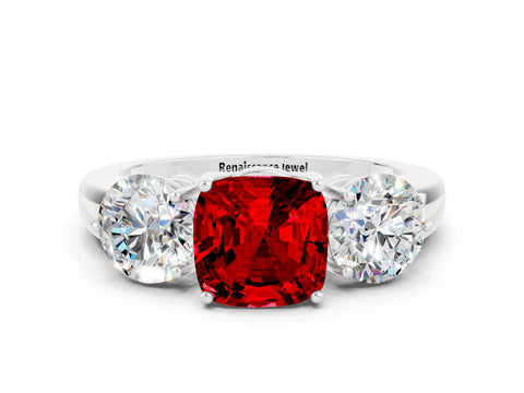 White gold Cushion Cut Ruby Three-Stone Ring with Prong Setting and Classic Band