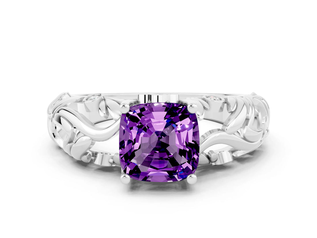 White gold Cushion Cut Solitaire Amethyst Leaf-Inspired Vine Band Ring with Prong Setting