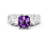 White gold Cushion Cut Solitaire Amethyst Leaf-Inspired Vine Band Ring with Prong Setting