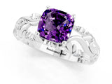 White gold Cushion Cut Solitaire Amethyst Leaf-Inspired Vine Band Ring with Prong Setting_1