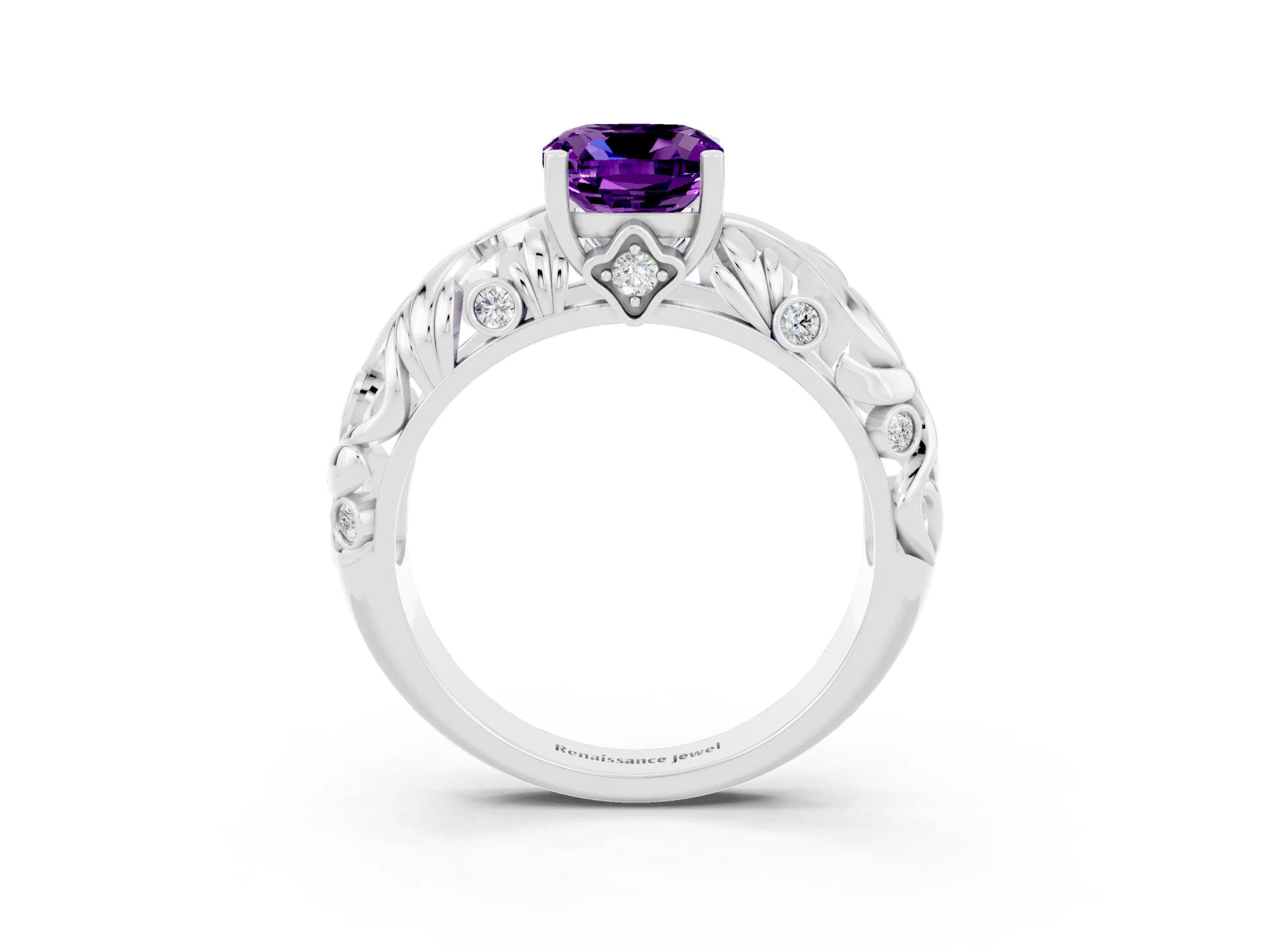 White gold Cushion Cut Solitaire Amethyst Leaf-Inspired Vine Band Ring with Prong Setting_3