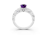 White gold Cushion Cut Solitaire Amethyst Leaf-Inspired Vine Band Ring with Prong Setting_3