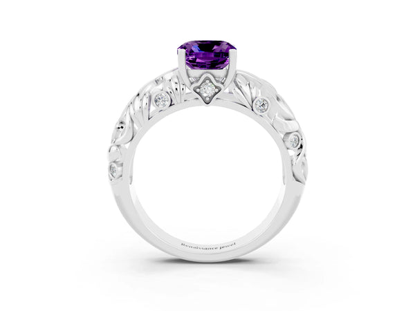 Silver Cushion Cut Solitaire Amethyst Leaf-Inspired Vine Band Ring with Prong Setting
